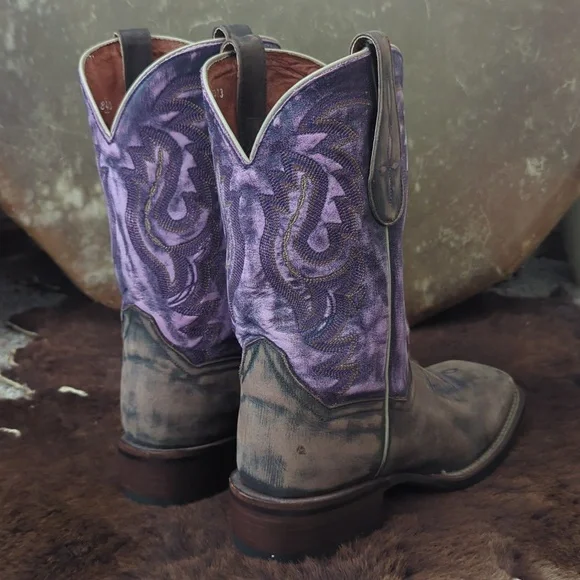 DAN POST DP3802 Distressed brown/purple leather square toe cowgirl boots sz 10